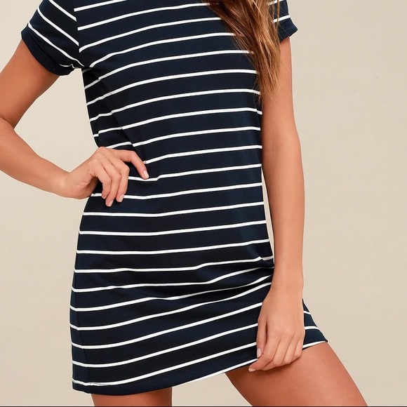 Lulu’s Cafe Society Navy Blue Striped Shirt Dress - Picture 2 of 10